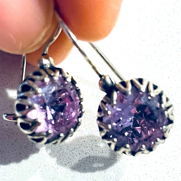 SILVER 925 PENDANT EARRINGS PURPLE CRYSTAL - Picture 6 of 7